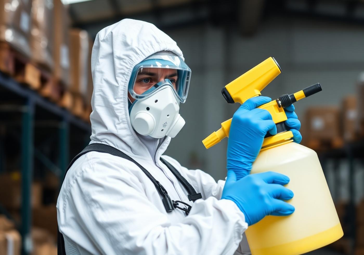 Tecnico Ital Disinfestazione in tuta DPI e maschera con nebulizzatore ULV per sanificazione